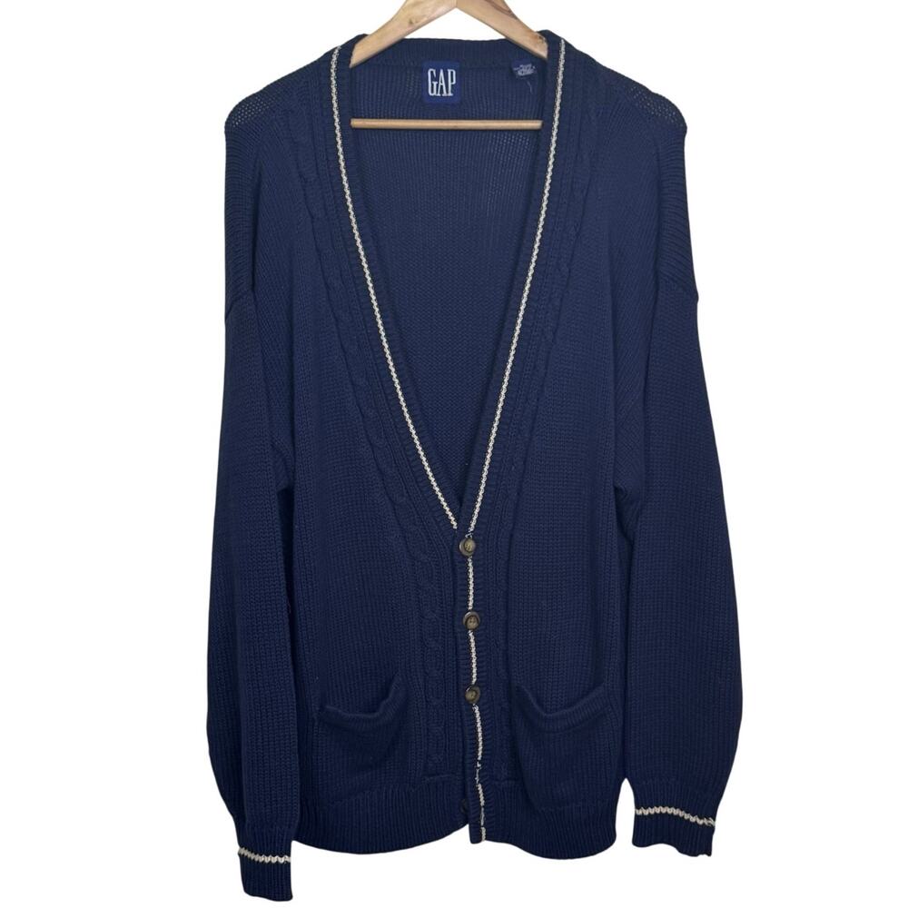 Gap 1990's Navy White XL Cotton Cable Knit Collegiate Preppy Cardigan Sweater